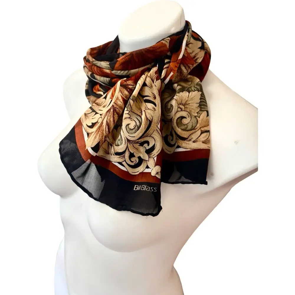 Vintage Bill Blass 80s Silk Autumn Leaf Print Scarf Black Rust 13x56